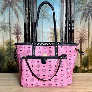 MCM Pink & Black Visetos Reversible Shoulder Tote Bag with detachable pouch